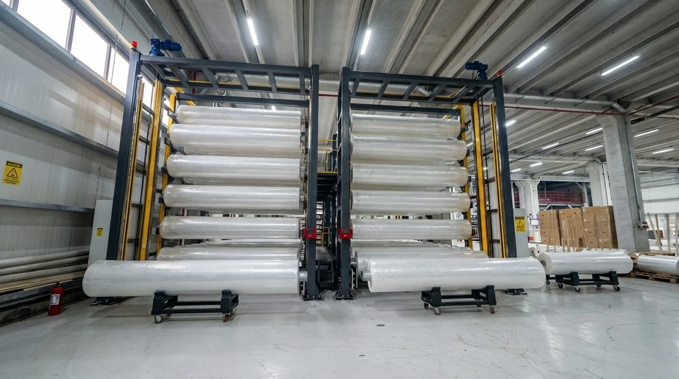 MGS jumbo POF shrink film ruloları, depo rafları